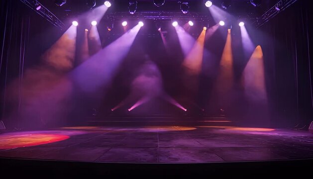 Illuminated stage with theatrical lights and smoke, ready for performance. stage theater lights, spotlight.
