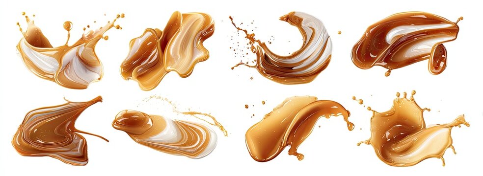 Various fluid swirls and splashes of cream and caramel on a white background