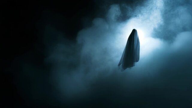 Dark eerie scene with a ghostly figure floating in dense fog, realistic style, over a black and blue smoky background, concept of horror mystery