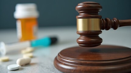 Legal justice system with a wooden gavel, medicine bottle, syringe, and pills on the table