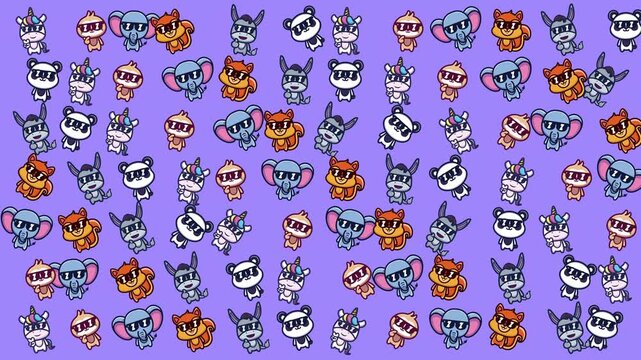 Pattern of cute animal characters  elephants, pandas, cats, bunnies. Suitable for childrens products, stationery, fabric design, and packaging.