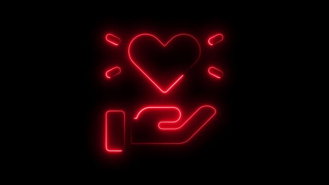 Glowing red neon heart and hand gesture on black background symbolizing love care and affection for Valentine's Day or romantic