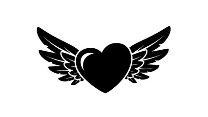 Fototapeta premium Black heart with wings symbol illustration on isolated white background, representing love and freedom.