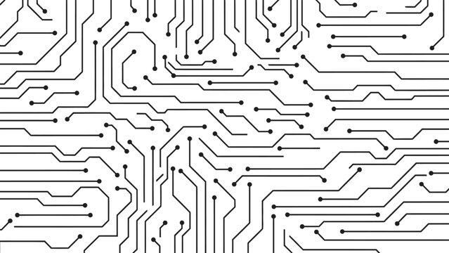 Seamless electronic circuit board pattern, illustrating technology and connectivity, on an isolated white background.