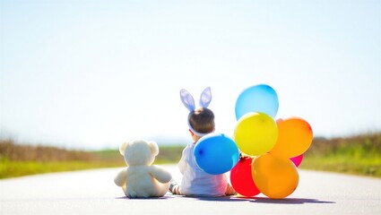 A child wearing bunny ears sits on a road with colorful balloons and a teddy bear. Joyful childhood moment.