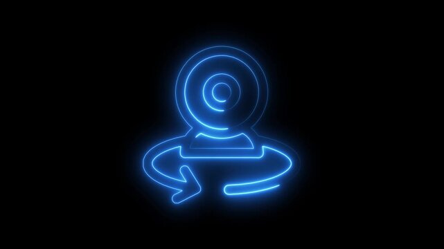 Blue neon glowing surveillance camera with rotating arrow on black background symbolizing security monitoring and tracking