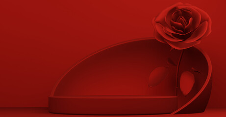 Set Valentine red rose podium minimal design product scene. 3d rendering