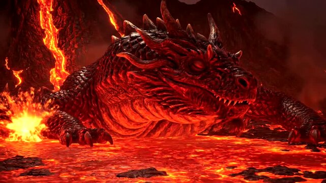 Epic Dragon Resting in Molten Lava Flow Fiery Landscape.