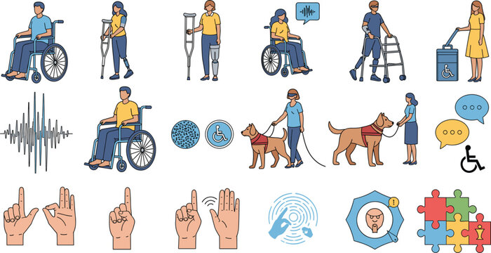 Inclusive Disability Support Illustration Set Featuring Wheelchairs, Crutches, Guide Dogs, Accessibility Symbols, Sign Language and Assistive Tools