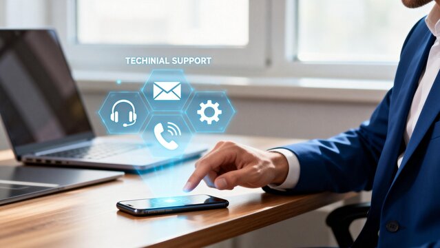 Businessman using smartphone with tech support icons - Powered by Adobe