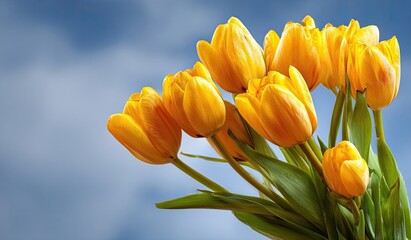 Obraz premium A vibrant bouquet of yellow tulips against a bright, cloudy sky