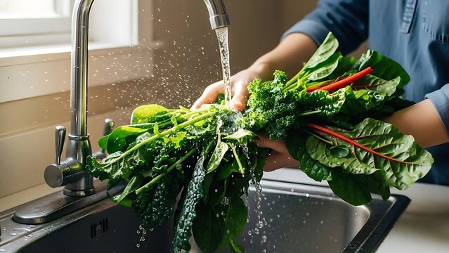 Washing fresh organic leafy greens under running water in a kitchen sink - Powered by Adobe