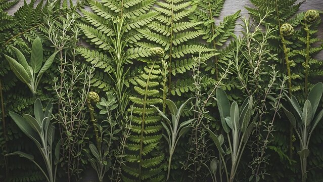 Fresh Green Herbs and Ferns Composition on a Dark Background for Natural Wellness and Culinary Concepts