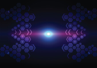 Abstract futuristic technology background with glowing blue hexagon grid pattern, floating data particles, and light effects on dark blue vector backdrop. illustraion vector