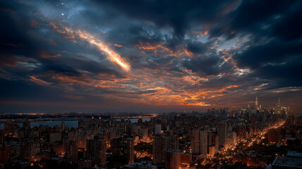 A meteor in a big city in the sky above skyscrapers.
