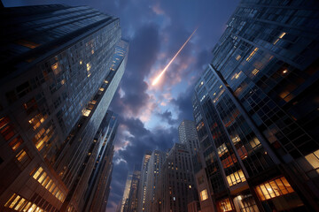 A meteor in a big city in the sky above skyscrapers.
