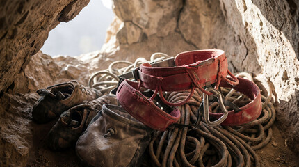 Rock Climbing Gear Resting Inside Cave Entrance