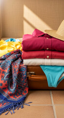 Image of packed suitcase with shirt, scarf, bikini, and hat. Represents travel preparation, vacation, and a beach holiday.