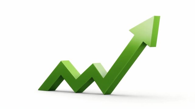 Green zigzag upward arrow with sharp edges placed on white background, symbolizing business growth, progress, and financial success