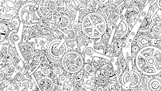 Vector illustration depicts mechanical gears and clockwork outdoor black and white