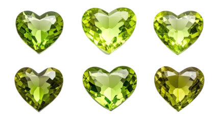 Green heart gems, valentine love symbols, jewelry design elements on transparent background