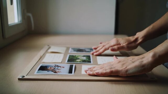 Hands arranging printed photos and sticky notes on a cork board at home office desk in natural window light