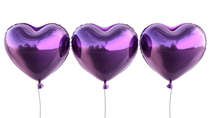 Purple heart balloons for valentine's day celebration, isolated on transparent background