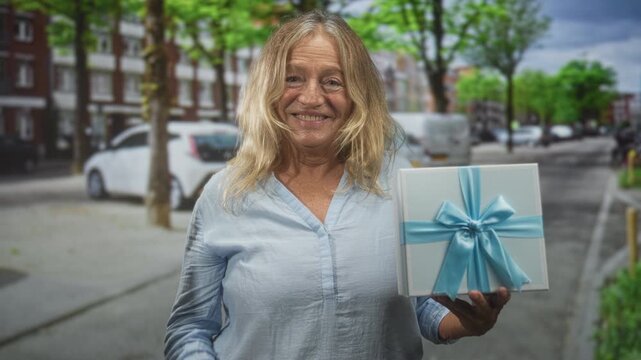 Senior blonde woman points finger to gift box while holding present on a street, smiling; happy celebration.