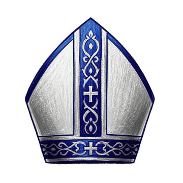 Blue White Bishop Mitre Hat Ornate Design