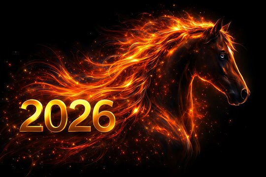2026 year of the horse fire typography illustration with blazing mane and golden numbers on black background