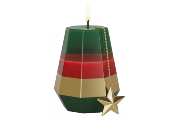 Green, red, and gold candle with star green candle isolated on a transparent background