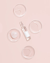 Glass Ampoule with Blank Label and Petri Dishes on Soft Pink Background. Concept of Clinical Purity, Liquid Tech Beauty, Professional Peptide Injection and Pharmaceutical Grade Skincare Formulation