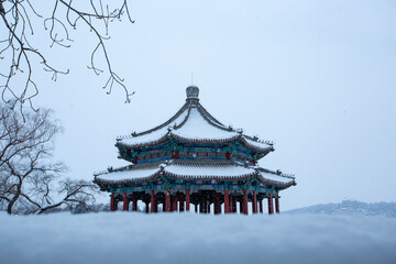Langru Pavilion snowscape at the Summer Palace, Beijing, China