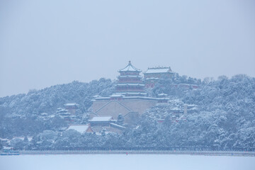 Wanshou Mountain architectural complex snowscape at the Summer Palace, Beijing, China