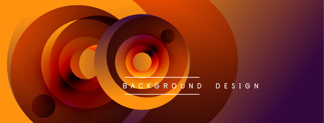Abstract circles overlap, creating vibrant orange, red, purple gradients. Text reads background design centered within composition.