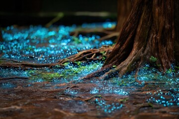 Naklejka premium Enchanting bioluminescent forest floor at night