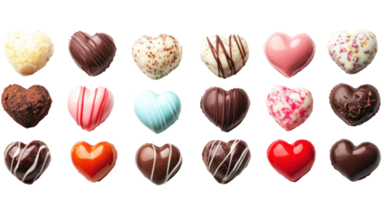 Colorful valentine's day chocolate hearts isolated on transparent background