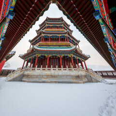 Tower of Buddhist Incense ancient architectural complex snowscape at the Summer Palace, Beijing, China