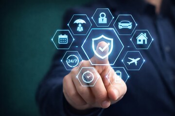 Cyber security and insurance protection shield concept with icons for safety and technology on a dark background