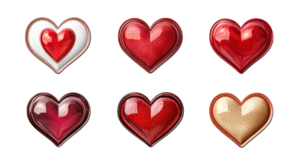 Valentine's day hearts, love icons, shiny red gold isolated on transparent background