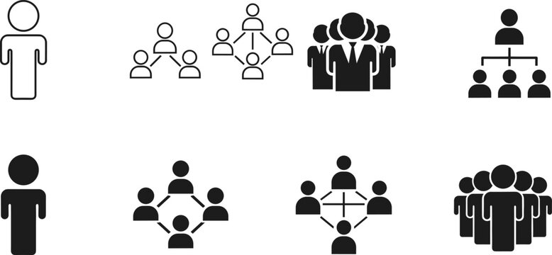 People hierarchy and organizational structure icon set illustrating teams, networks, leadership, and group relationships for business and management designs
