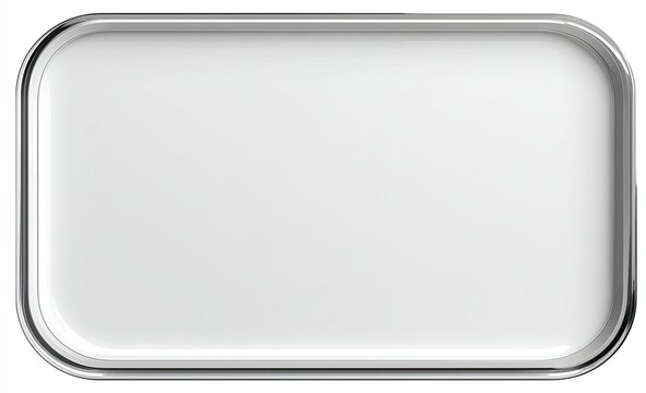 Glossy white rectangular shape with rounded corners, encased in a polished silver frame