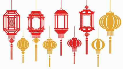 Traditional Red and Gold Chinese Lanterns Set on Isolated White Background, Festive Asian Celebration Decorations