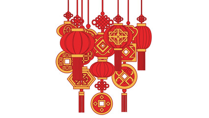 Traditional Red Chinese Lanterns and Golden Knots Hanging on Isolated White Background for Lunar New Year Celebration.