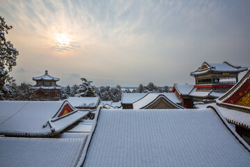 Tingli Guan ancient architectural complex snowscape at the Summer Palace, Beijing, China
