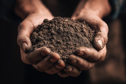 Two hands are full of dark brown soil in a garden setting during daylight hours. The focus is on the texture of the soil