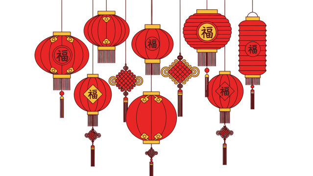 Group of Red Chinese Lanterns with Fu Character and Tassels, Traditional Holiday Decoration, isolated white background.