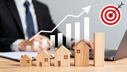 Businessman with wooden houses and growth chart