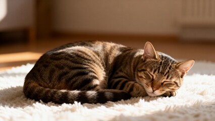 Sleeping tabby cat on white rug