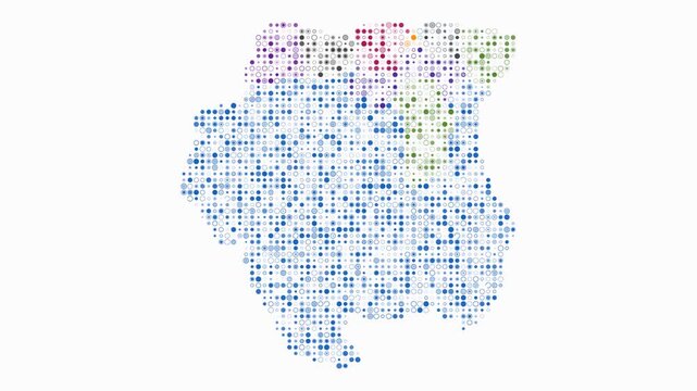 Suriname animated country shape. Pulsating colored dots on the map of the country. Small size circle blocks. Digital style Suriname map on white background. Stylish animation video.